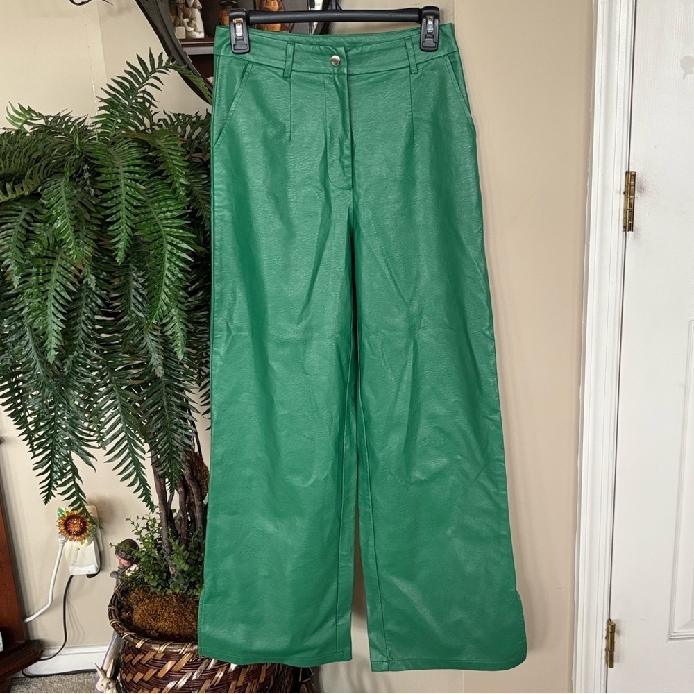 Princess Polly Ashlea Faux Leather Pants Green Mid Rise Light Flare Trousers